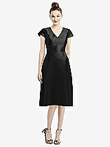 Front View Thumbnail - Black Cap Sleeve V-Neck Satin Midi Dress with Pockets
