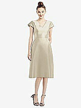 Front View Thumbnail - Champagne Cap Sleeve V-Neck Satin Midi Dress with Pockets