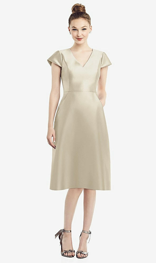 Front View - Champagne Cap Sleeve V-Neck Satin Midi Dress with Pockets