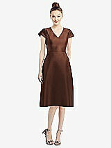 Front View Thumbnail - Cognac Cap Sleeve V-Neck Satin Midi Dress with Pockets