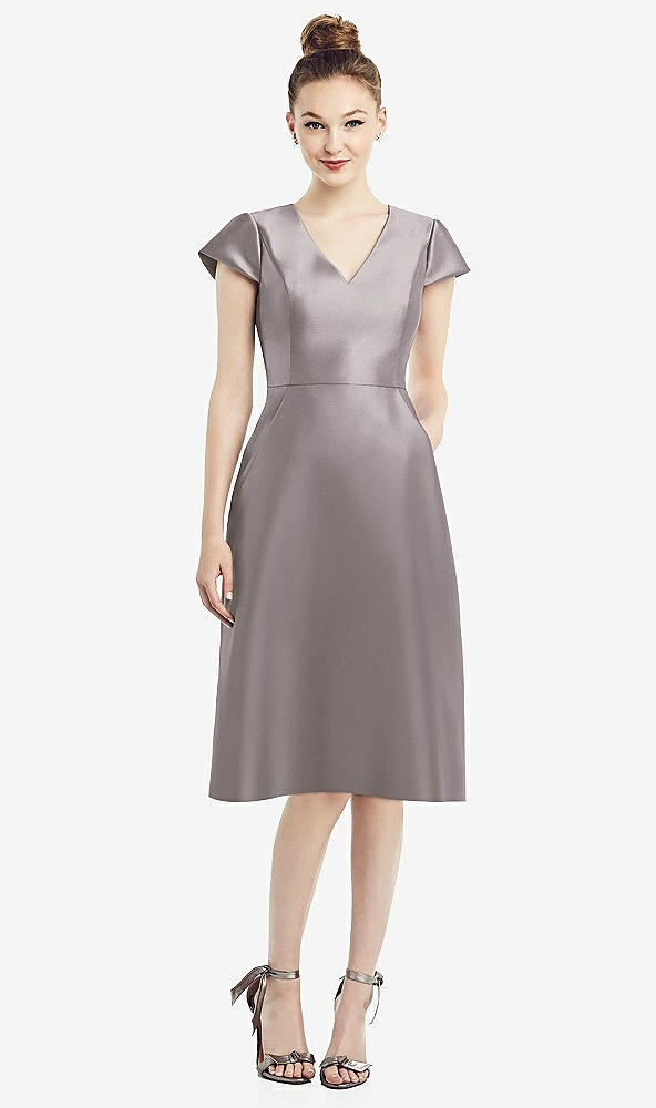 Front View - Cashmere Gray Cap Sleeve V-Neck Satin Midi Dress with Pockets