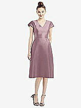 Front View Thumbnail - Dusty Rose Cap Sleeve V-Neck Satin Midi Dress with Pockets