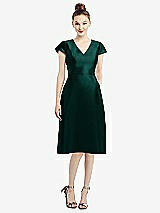 Front View Thumbnail - Evergreen Cap Sleeve V-Neck Satin Midi Dress with Pockets