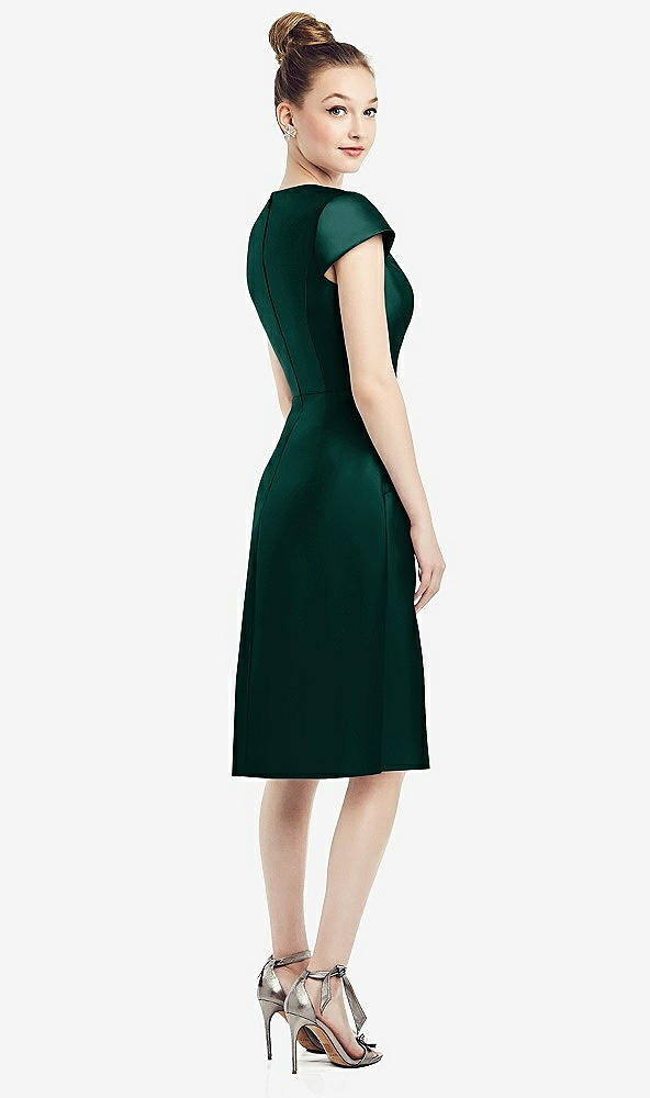 Back View - Evergreen Cap Sleeve V-Neck Satin Midi Dress with Pockets