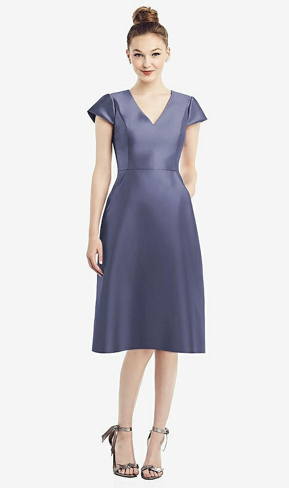 Front View - French Blue Cap Sleeve V-Neck Satin Midi Dress with Pockets