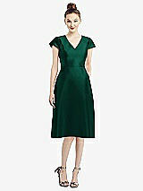 Front View Thumbnail - Hunter Green Cap Sleeve V-Neck Satin Midi Dress with Pockets