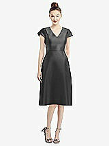 Front View Thumbnail - Pewter Cap Sleeve V-Neck Satin Midi Dress with Pockets