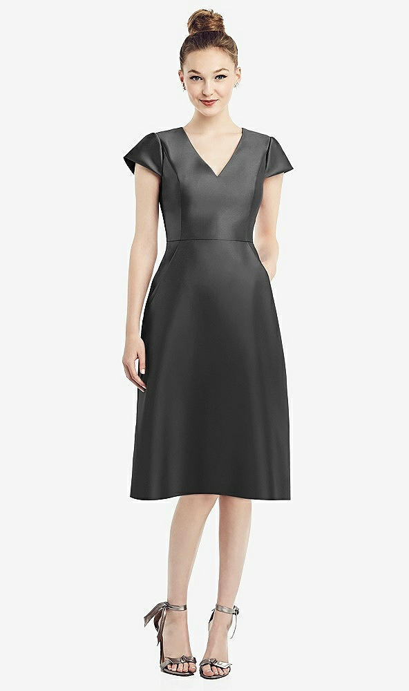 Front View - Pewter Cap Sleeve V-Neck Satin Midi Dress with Pockets