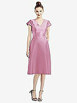 Front View Thumbnail - Powder Pink Cap Sleeve V-Neck Satin Midi Dress with Pockets