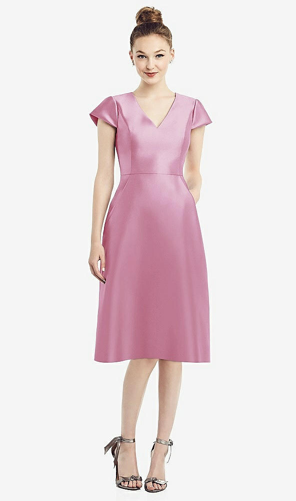 Front View - Powder Pink Cap Sleeve V-Neck Satin Midi Dress with Pockets