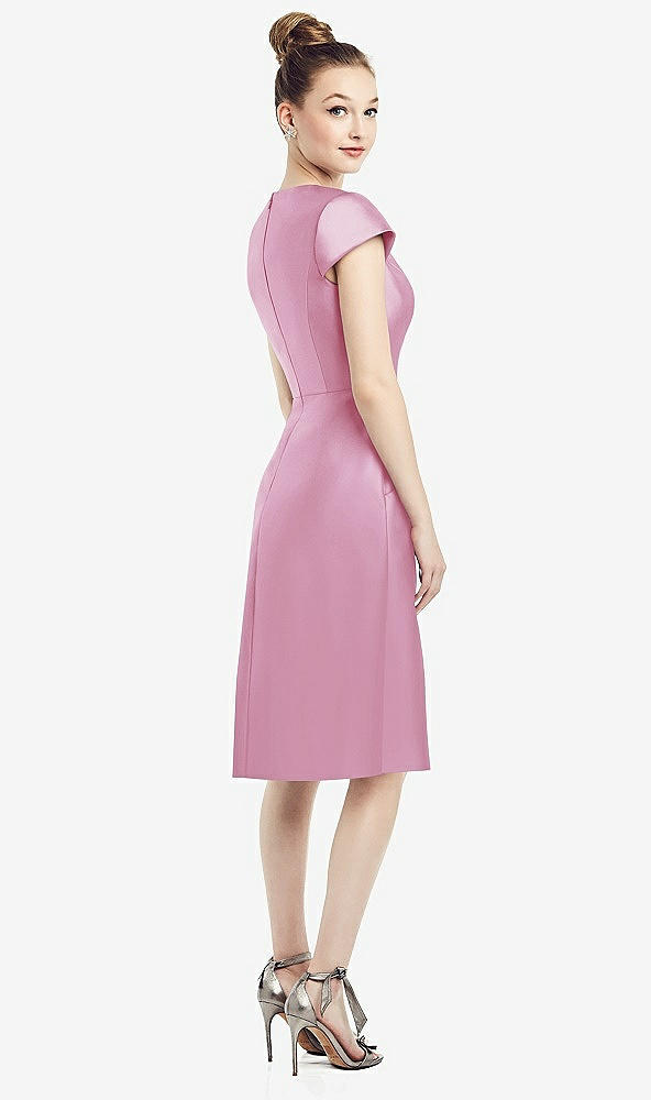 Back View - Powder Pink Cap Sleeve V-Neck Satin Midi Dress with Pockets