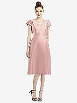 Front View Thumbnail - Rose - PANTONE Rose Quartz Cap Sleeve V-Neck Satin Midi Dress with Pockets