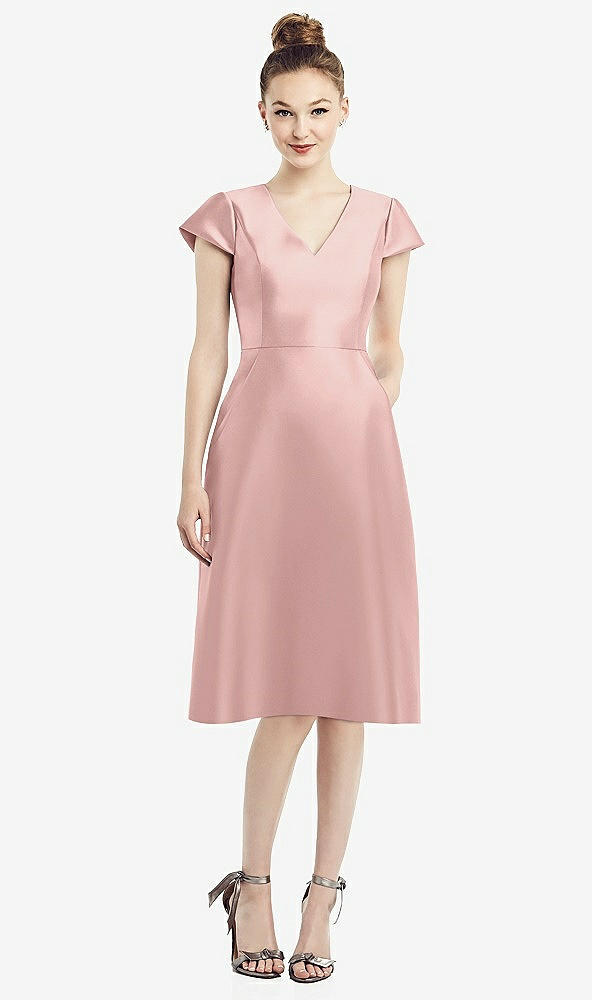 Front View - Rose - PANTONE Rose Quartz Cap Sleeve V-Neck Satin Midi Dress with Pockets