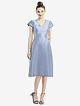 Front View Thumbnail - Sky Blue Cap Sleeve V-Neck Satin Midi Dress with Pockets