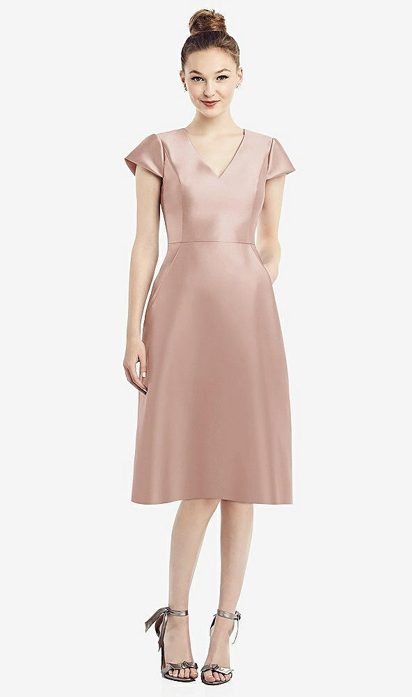 Front View - Toasted Sugar Cap Sleeve V-Neck Satin Midi Dress with Pockets