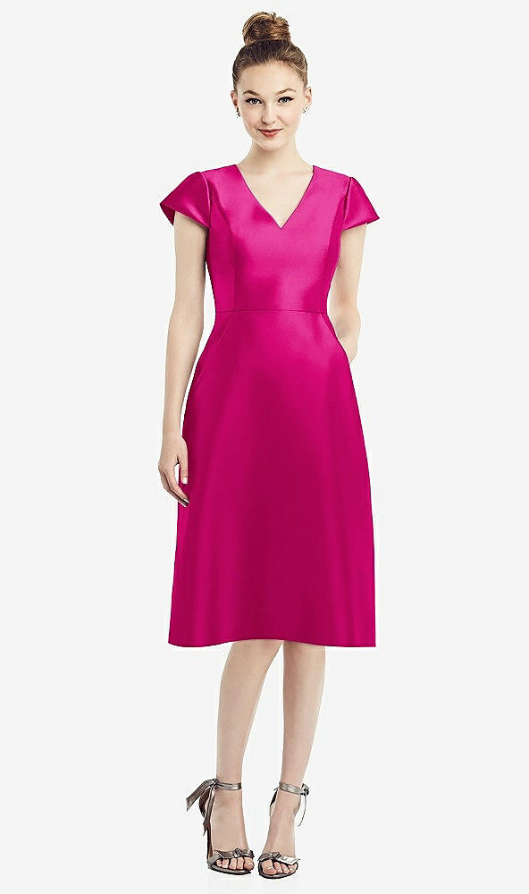 Front View - Think Pink Cap Sleeve V-Neck Satin Midi Dress with Pockets