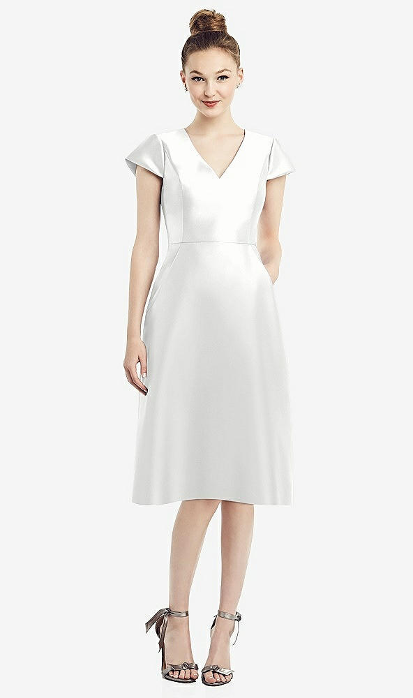 Front View - White Cap Sleeve V-Neck Satin Midi Dress with Pockets
