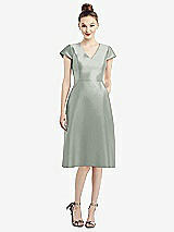Front View Thumbnail - Willow Green Cap Sleeve V-Neck Satin Midi Dress with Pockets