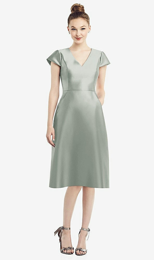 Front View - Willow Green Cap Sleeve V-Neck Satin Midi Dress with Pockets