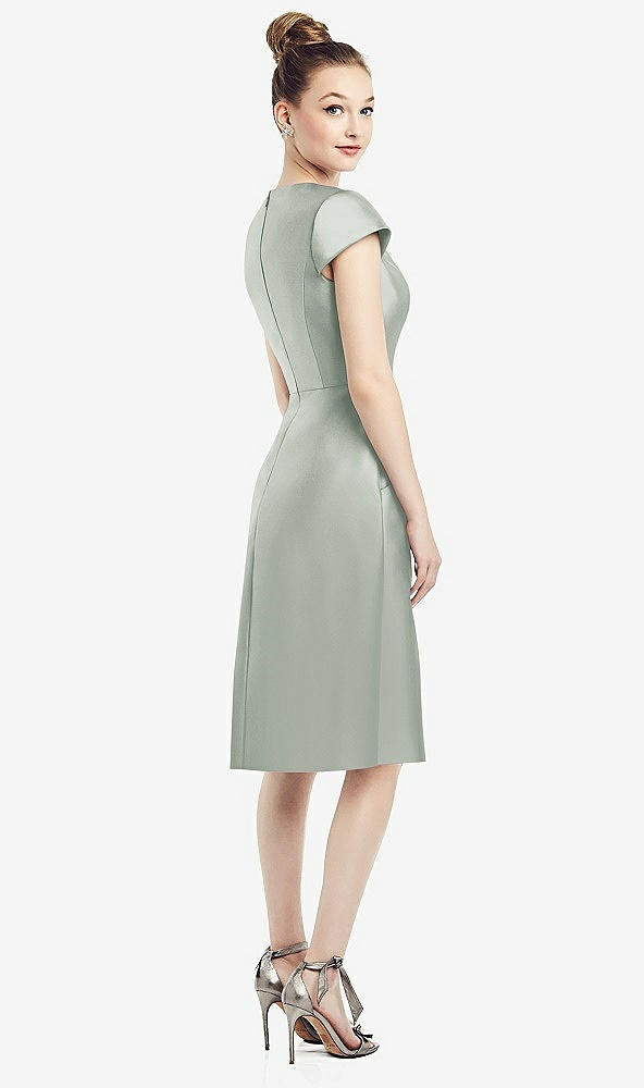 Back View - Willow Green Cap Sleeve V-Neck Satin Midi Dress with Pockets