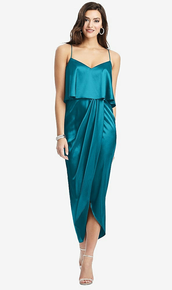 Front View - Oasis Popover Bodice Midi Dress with Draped Tulip Skirt