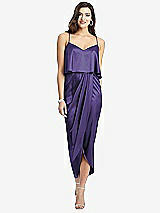 Front View Thumbnail - Regalia - PANTONE Ultra Violet Popover Bodice Midi Dress with Draped Tulip Skirt