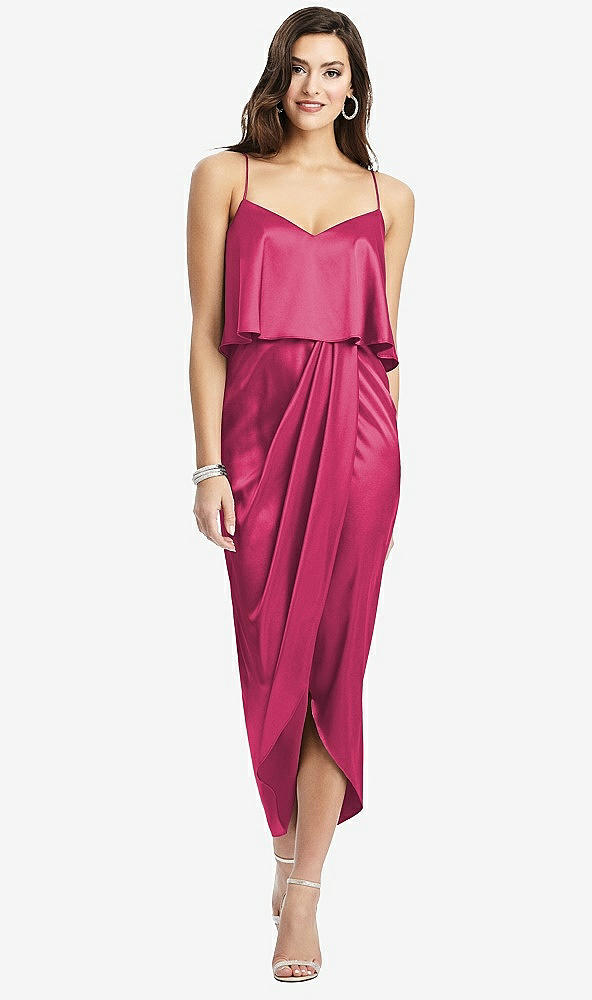 Front View - Shocking Popover Bodice Midi Dress with Draped Tulip Skirt