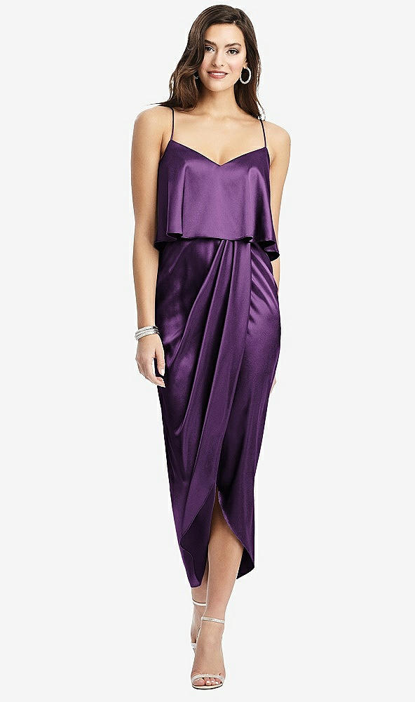 Front View - African Violet Popover Bodice Midi Dress with Draped Tulip Skirt