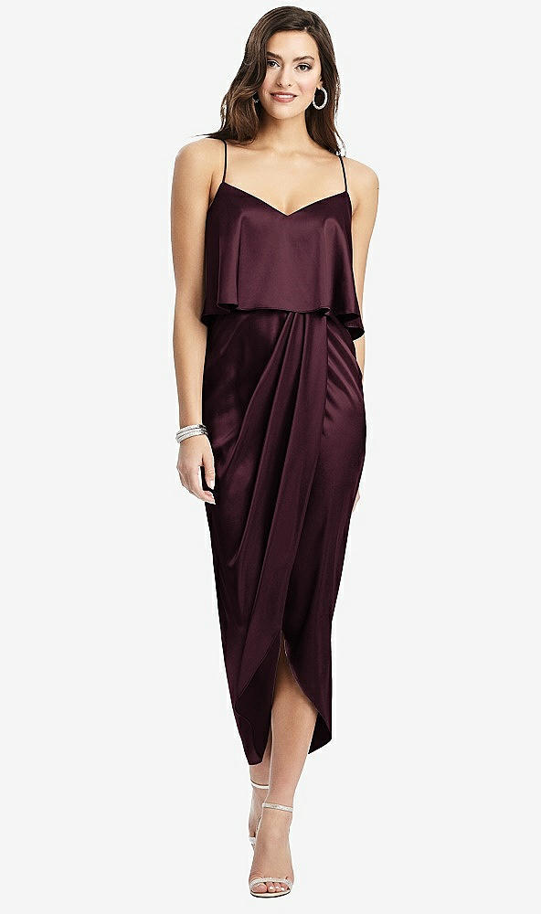 Front View - Bordeaux Popover Bodice Midi Dress with Draped Tulip Skirt