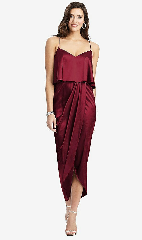 Front View - Burgundy Popover Bodice Midi Dress with Draped Tulip Skirt