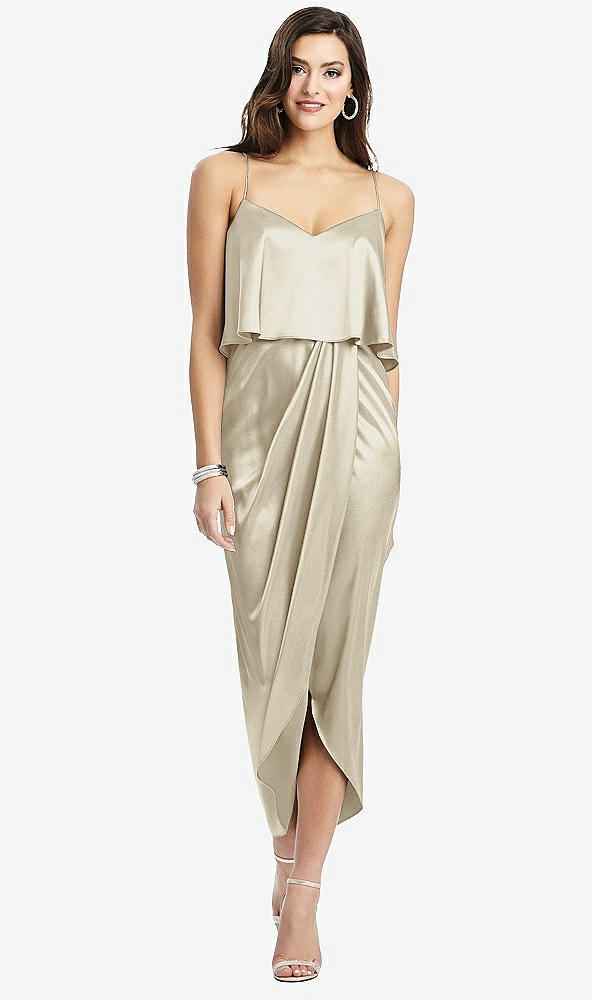 Front View - Champagne Popover Bodice Midi Dress with Draped Tulip Skirt