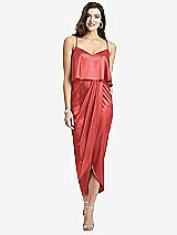 Front View Thumbnail - Perfect Coral Popover Bodice Midi Dress with Draped Tulip Skirt