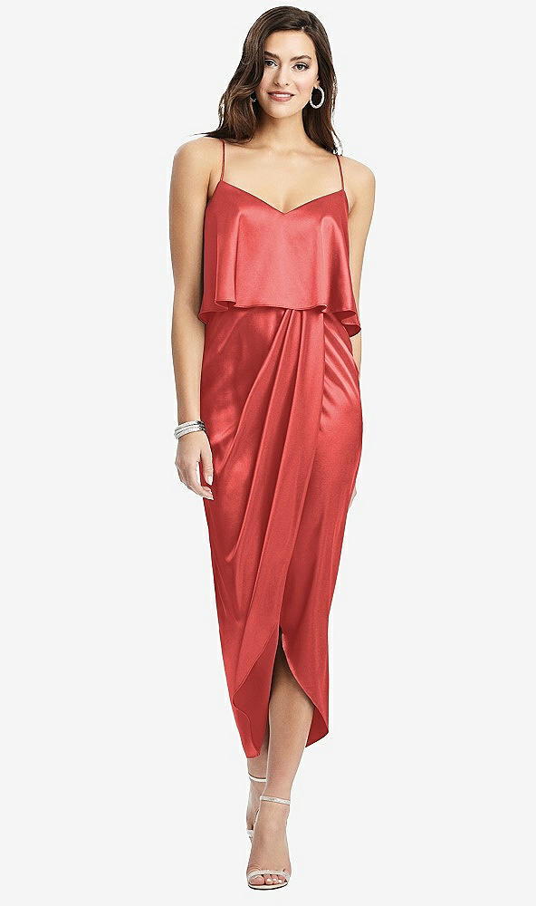 Front View - Perfect Coral Popover Bodice Midi Dress with Draped Tulip Skirt