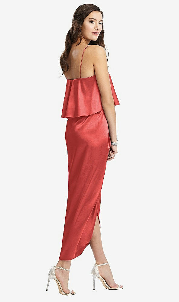Back View - Perfect Coral Popover Bodice Midi Dress with Draped Tulip Skirt