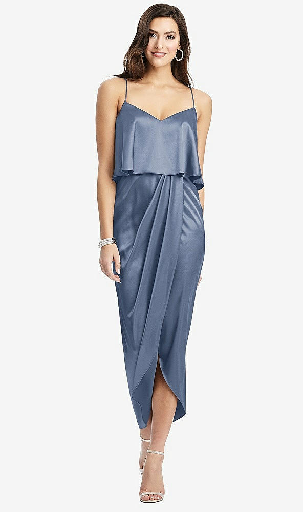 Front View - Larkspur Blue Popover Bodice Midi Dress with Draped Tulip Skirt