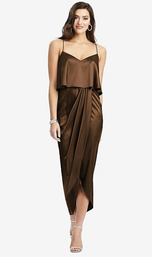 Front View - Latte Popover Bodice Midi Dress with Draped Tulip Skirt