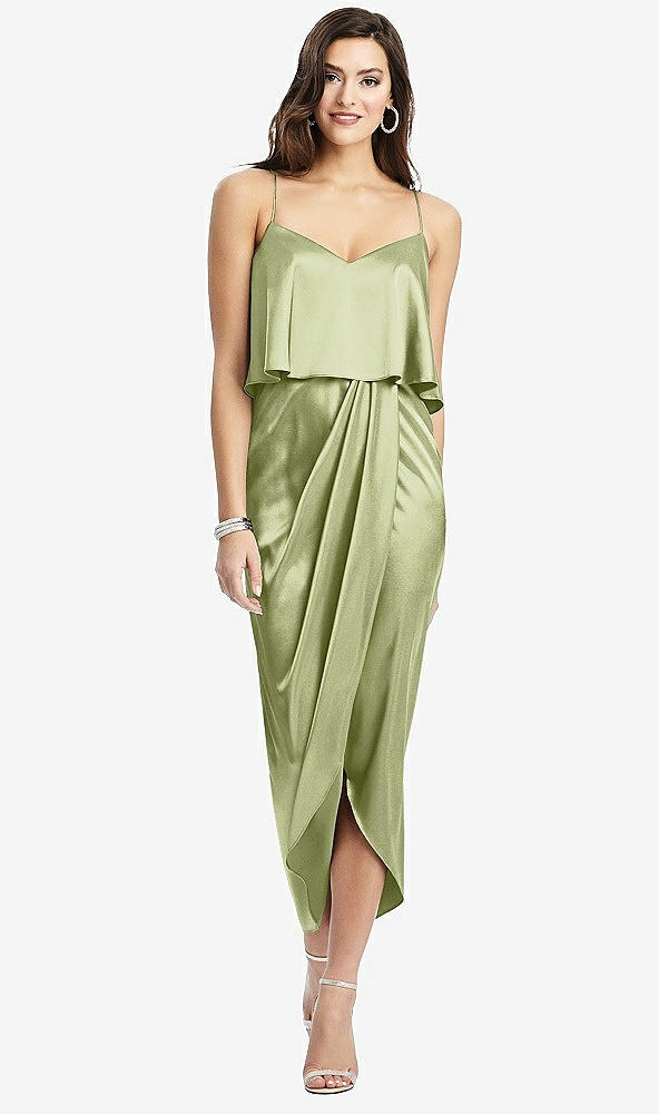 Front View - Mint Popover Bodice Midi Dress with Draped Tulip Skirt