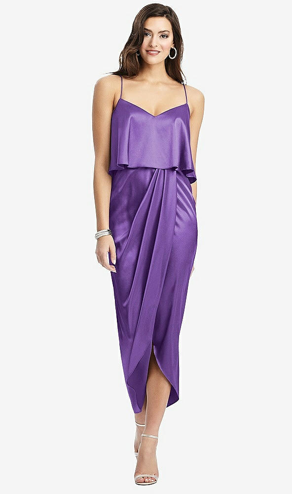 Front View - Pansy Popover Bodice Midi Dress with Draped Tulip Skirt