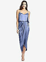 Front View Thumbnail - Periwinkle - PANTONE Serenity Popover Bodice Midi Dress with Draped Tulip Skirt