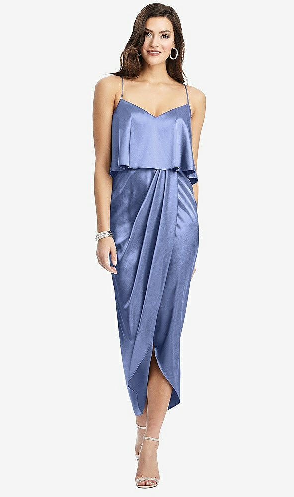 Front View - Periwinkle - PANTONE Serenity Popover Bodice Midi Dress with Draped Tulip Skirt