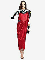 Alt View 1 Thumbnail - Parisian Red Popover Bodice Midi Dress with Draped Tulip Skirt