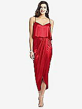 Front View Thumbnail - Parisian Red Popover Bodice Midi Dress with Draped Tulip Skirt