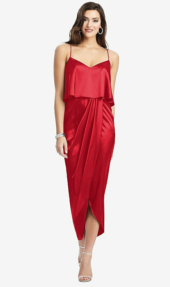 Front View - Parisian Red Popover Bodice Midi Dress with Draped Tulip Skirt