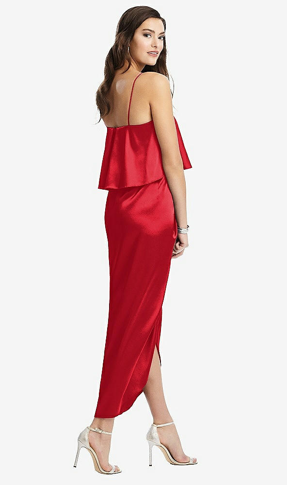 Back View - Parisian Red Popover Bodice Midi Dress with Draped Tulip Skirt