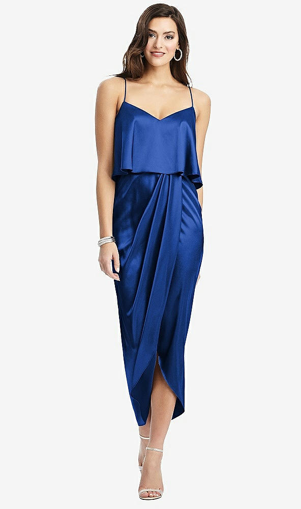 Front View - Sapphire Popover Bodice Midi Dress with Draped Tulip Skirt
