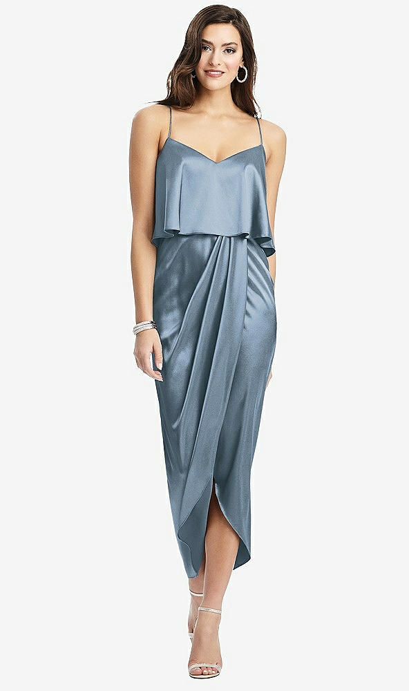 Front View - Slate Popover Bodice Midi Dress with Draped Tulip Skirt