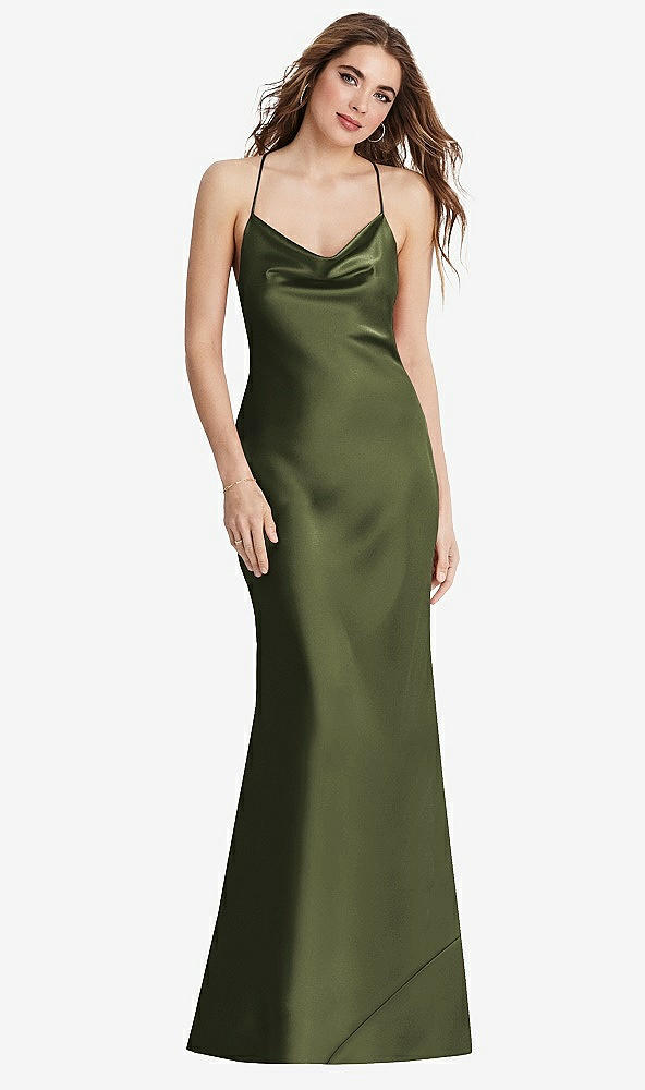 Back View - Olive Green Cowl-Neck Convertible Maxi Slip Dress - Reese