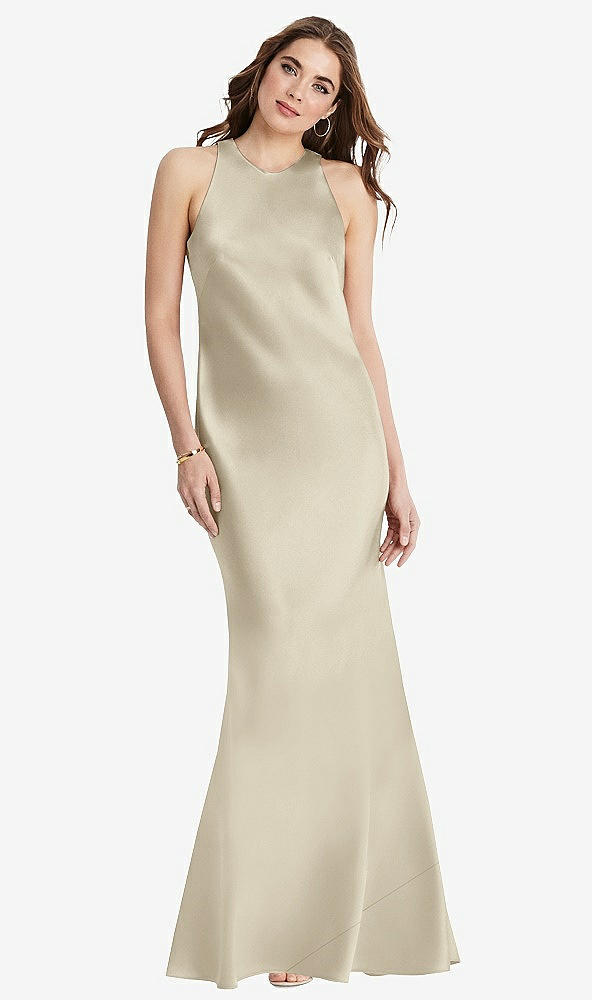 Back View - Champagne Tie Neck Low Back Maxi Tank Dress - Marin