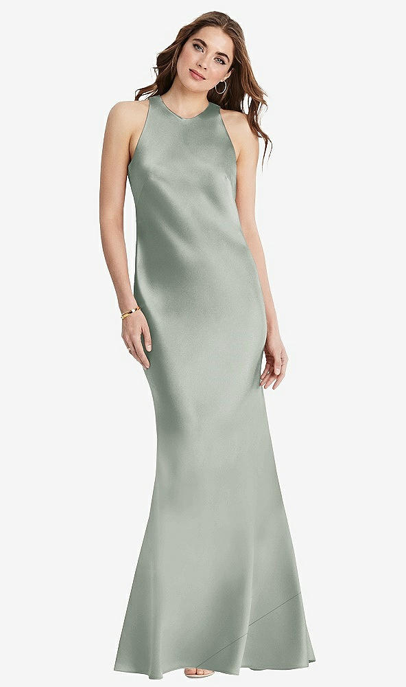 Back View - Willow Green Tie Neck Low Back Maxi Tank Dress - Marin