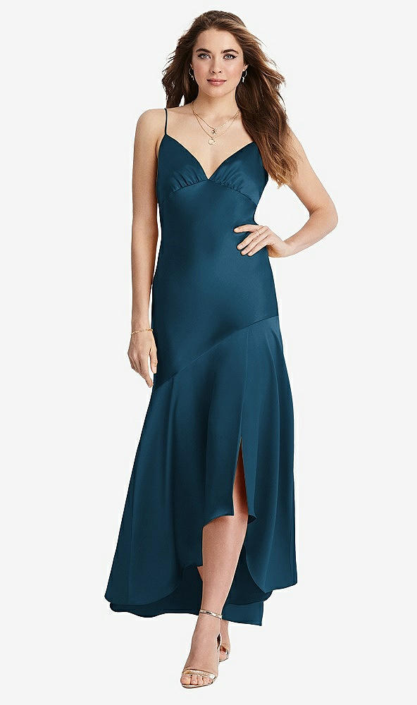 Front View - Atlantic Blue Asymmetrical Drop Waist High-Low Slip Dress - Devon